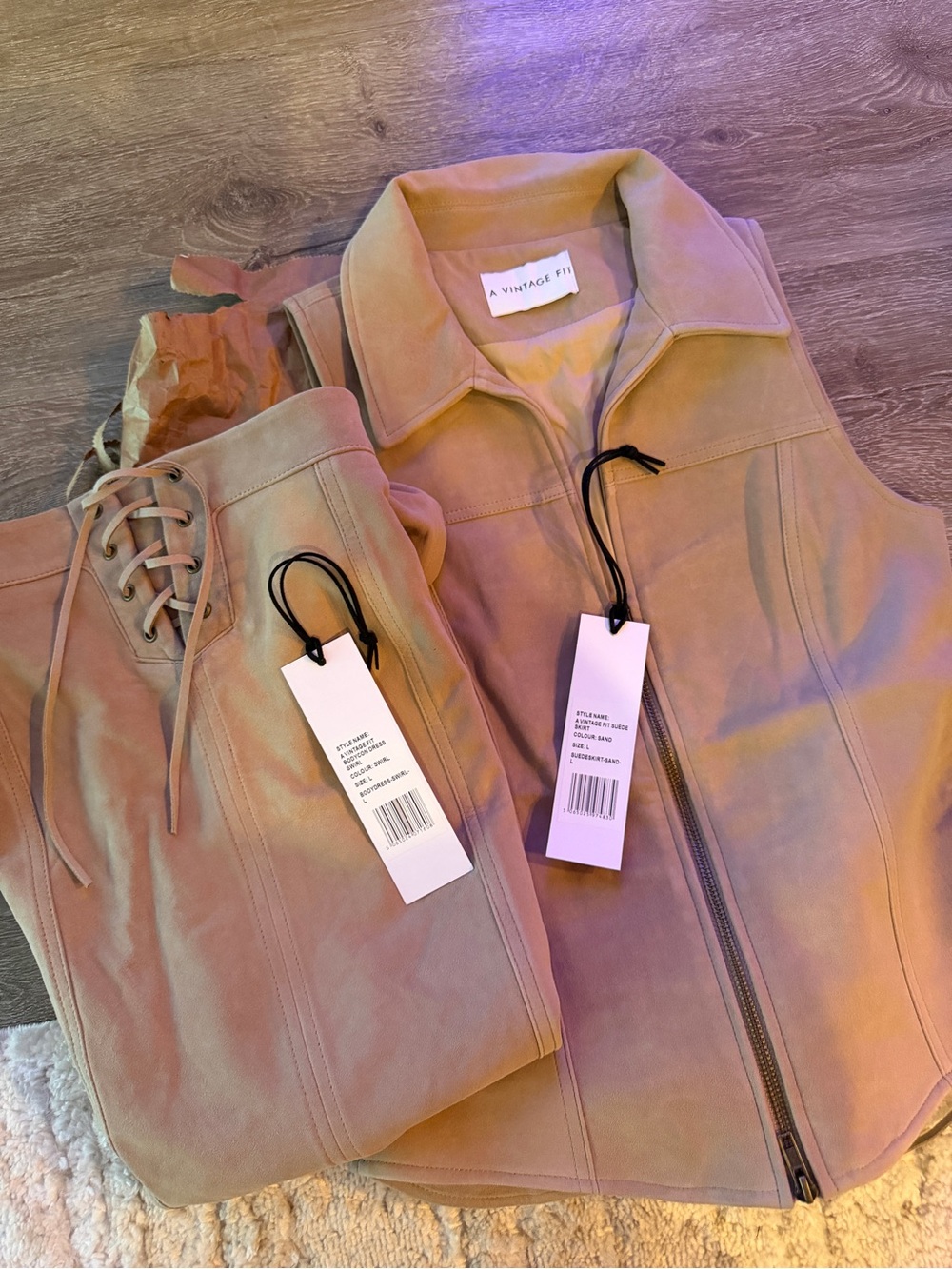 A Vintage Fit Tan 100% Suede Skirt & Zip Vest Set